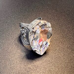 SORRELLI Cocktail Ring Signed White Crystal Set in Silver Filigree Adjustable